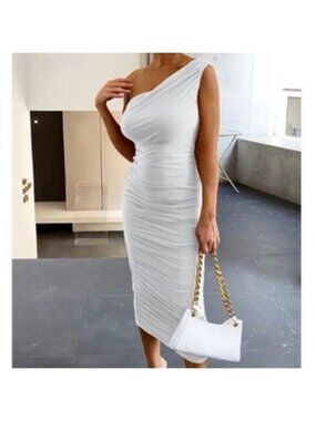 Womens White Dress One Shoulder Casual Midi Dress Black Zipper L.